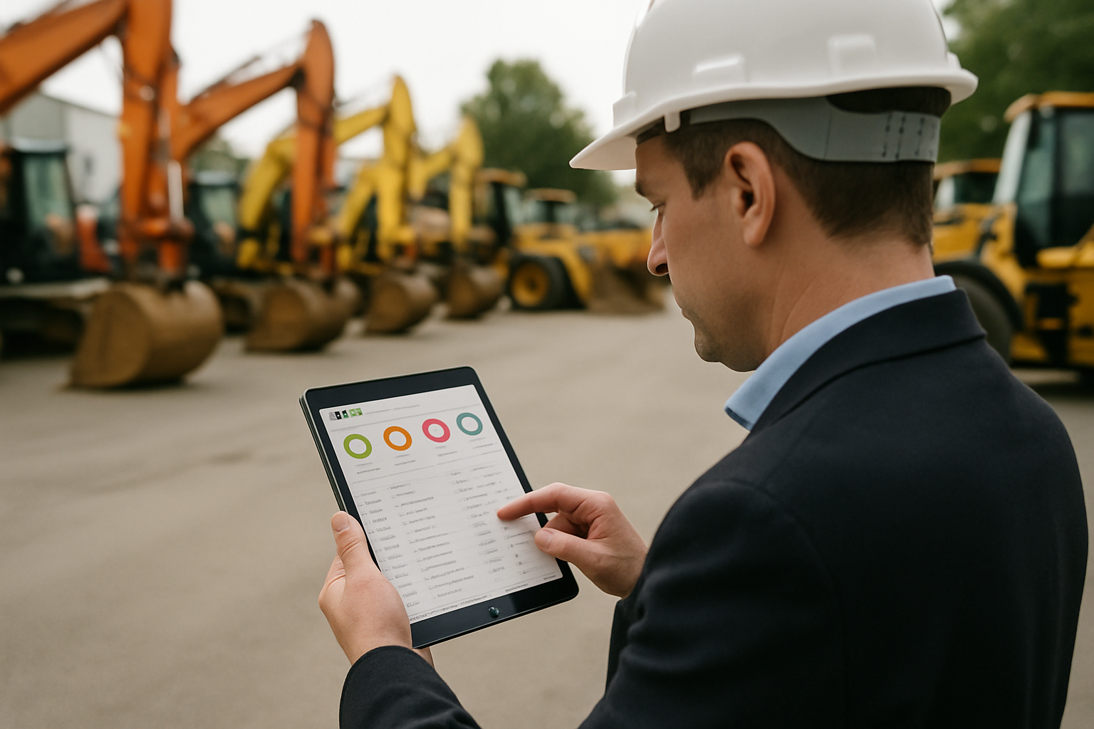A construction equipment yard with rows of excavators and wheel loaders, and a sales manager in a hard hat reviewing a t