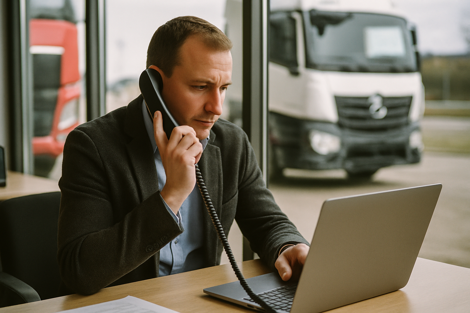 A heavy-duty truck salesperson at a dealership desk speaking on the phone while reviewing a laptop screen showing an inc