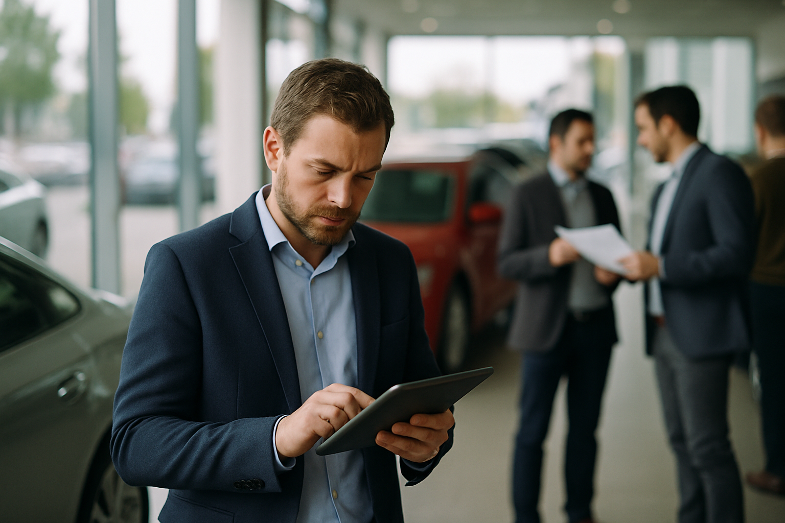 A sales manager in a vehicle dealership showroom reviewing lead information on a tablet, with a row of new cars visible 